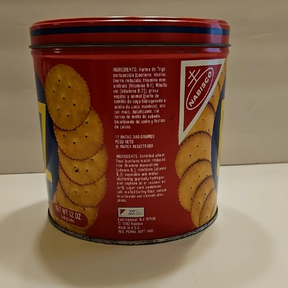 Vintage 1982 Nabisco RITZ Crackers Tin 12 oz Round Metal Canister With Lid 6”H
